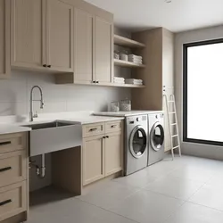 Modern laundry room featuring light wood cabinets metal sink washing machine dryer and large window