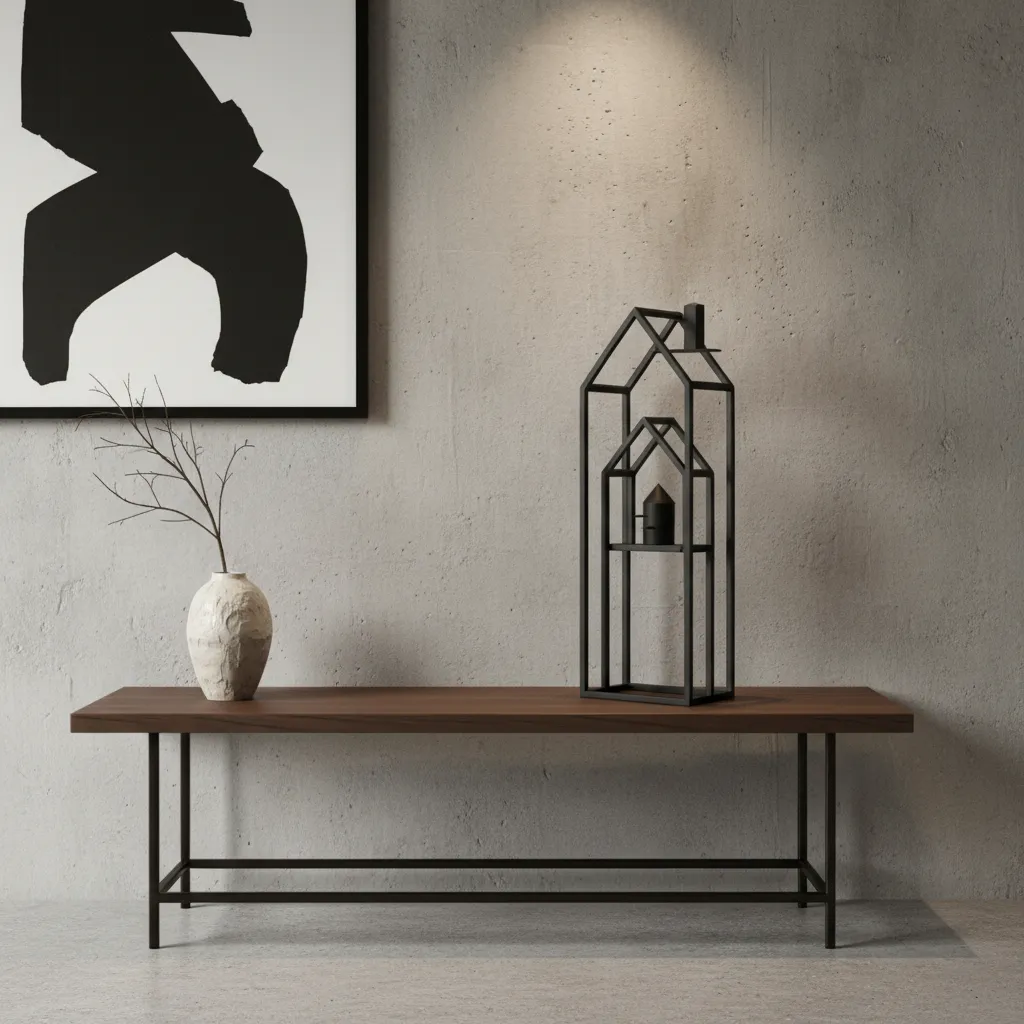 Minimalist black metal decorative bird house in modern interior