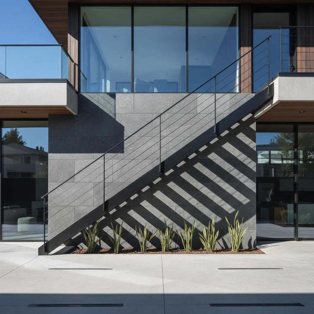 Escalera exterior moderna de acero con diseño minimalista