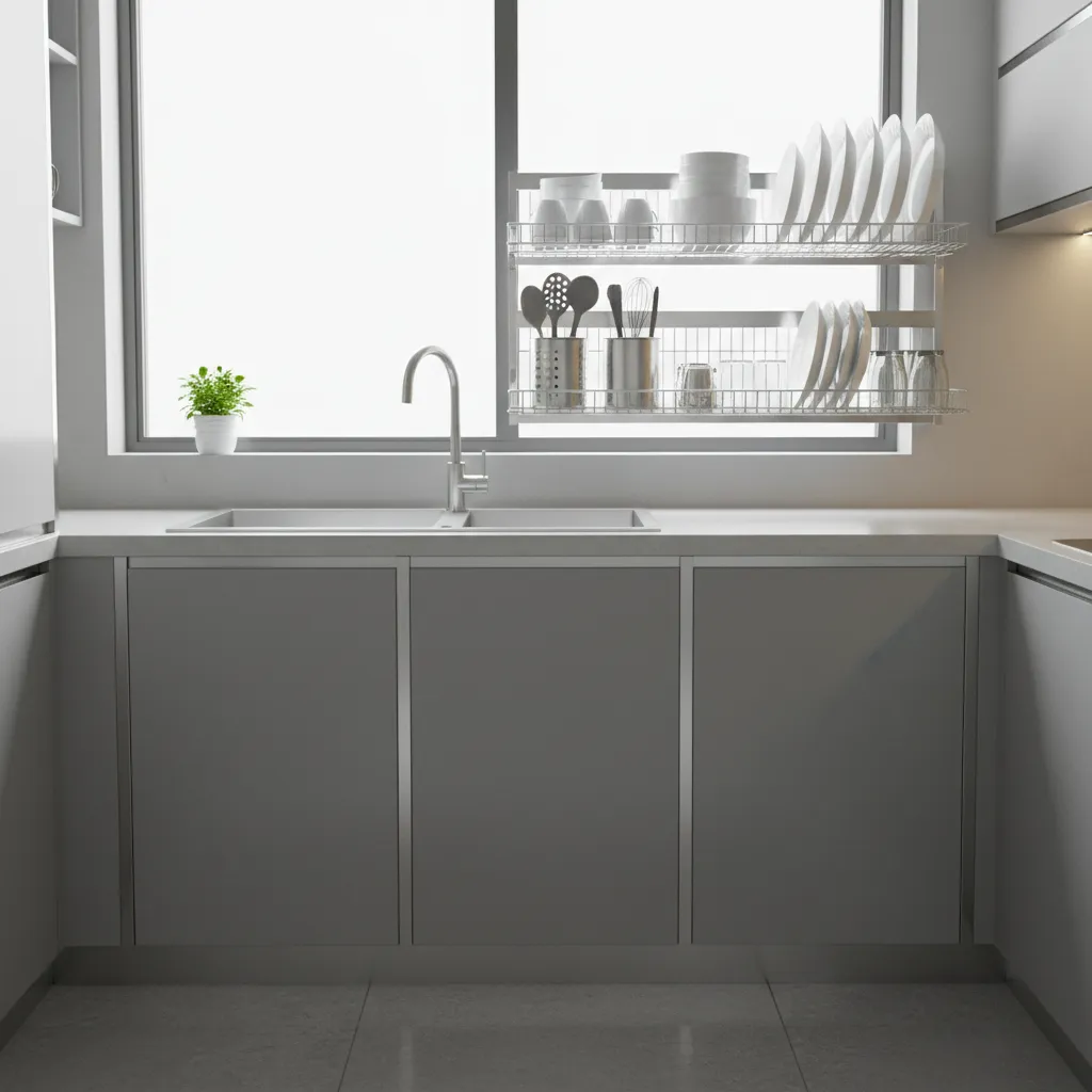 metal rack shelf above sink with dishes and utensils