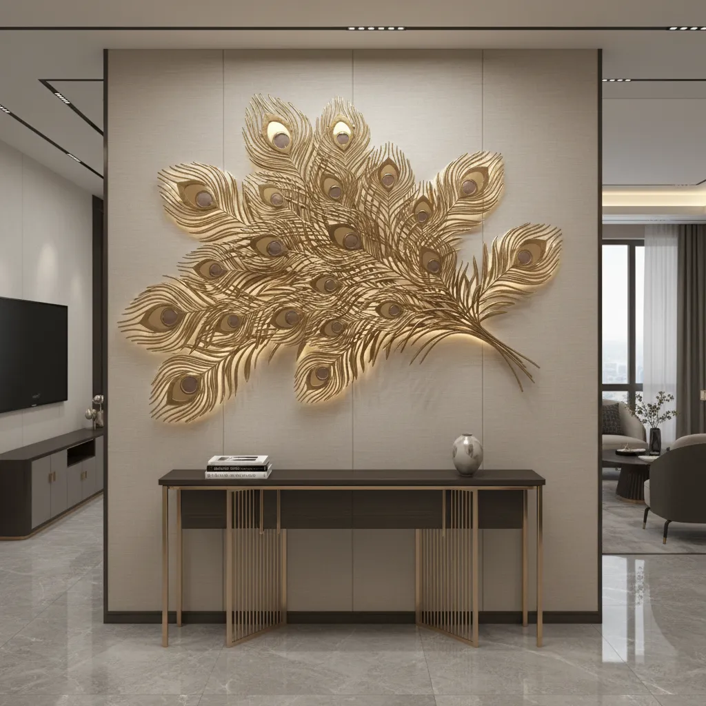 metal peacock feather wall sculpture with gold and brass tones