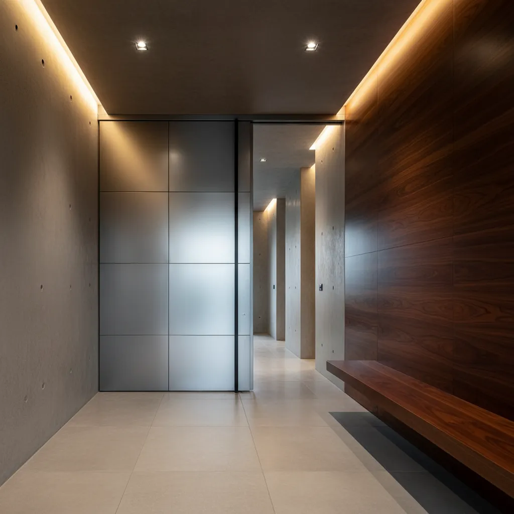 Puerta metálica pivotante en interior de vivienda moderna