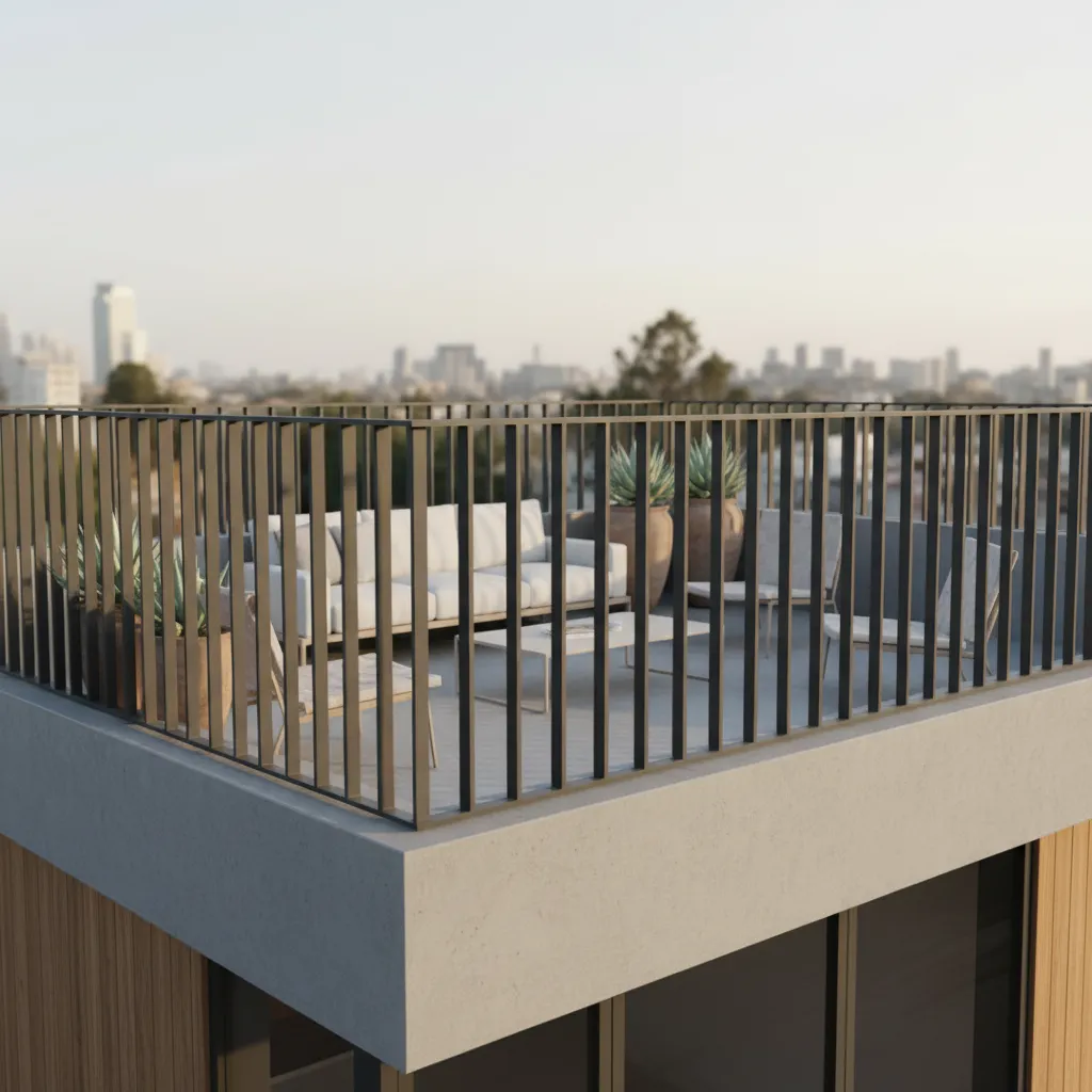 Modern small house terrace with metal railing parapet wall