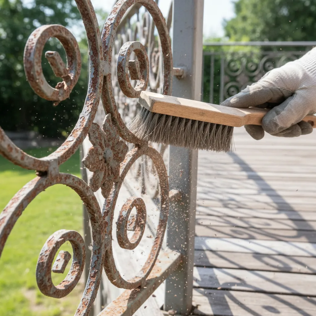 removing rust from outdoor metal decorative railing with wire brush