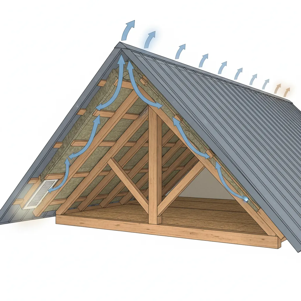 Airflow path beneath metal roofing panels from soffit to ridge vent