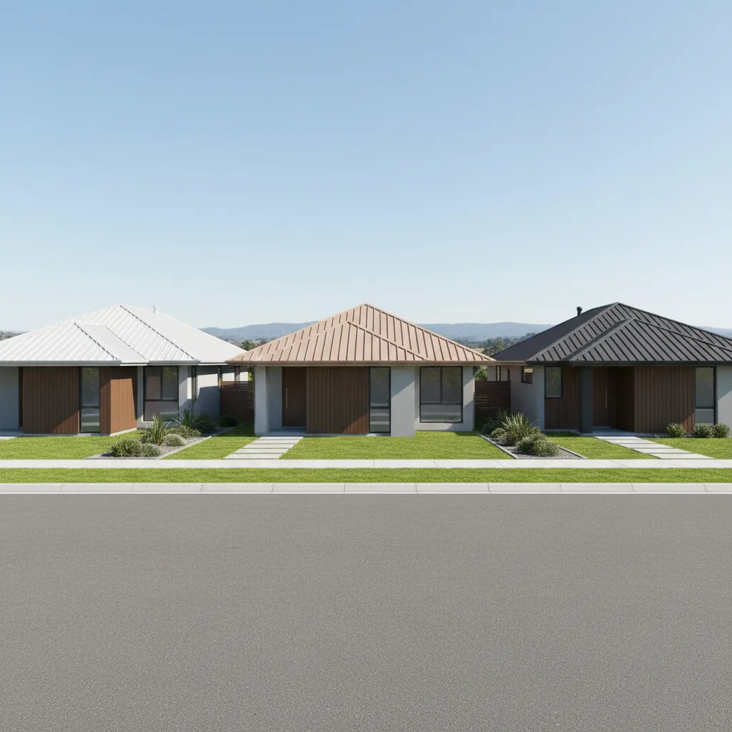 Three homes with light medium and dark metal roof colors for energy comparison