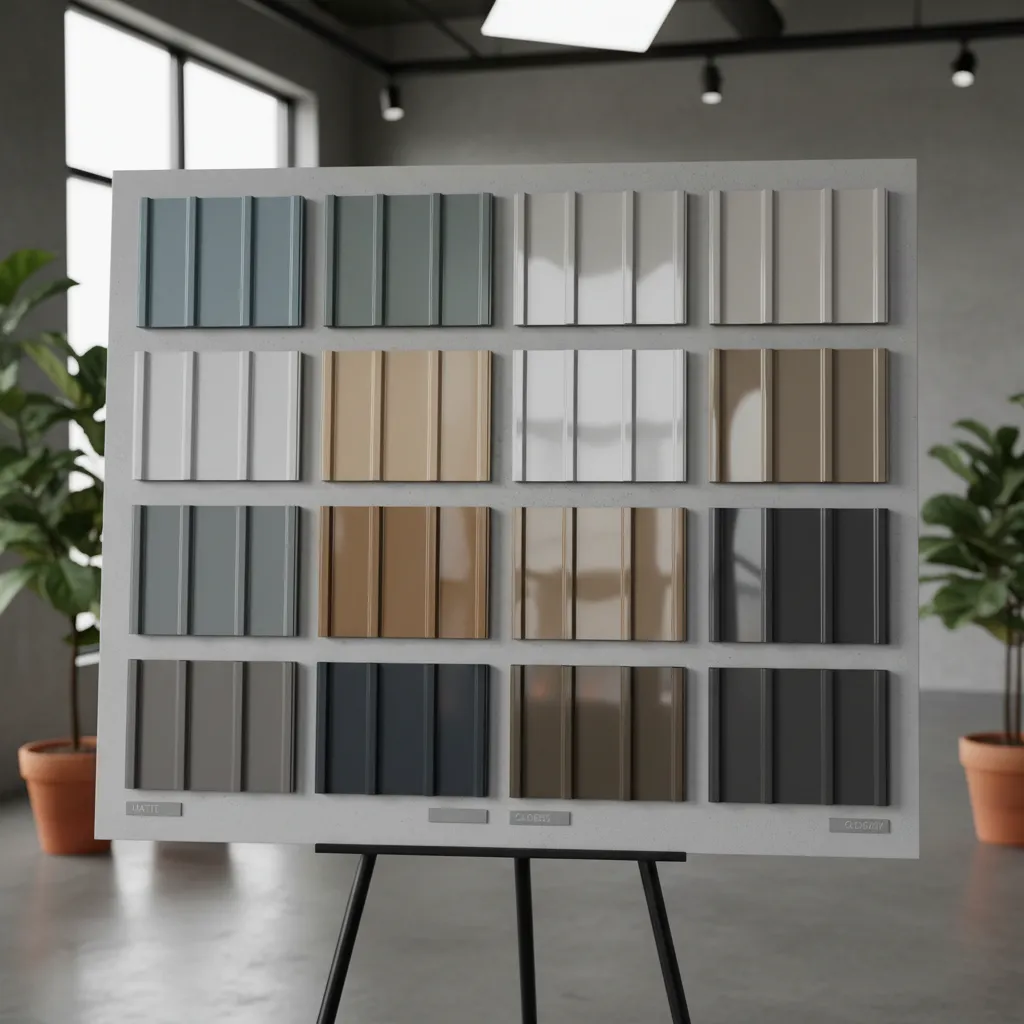 Sample board displaying multiple metal roof colors and coating finishes