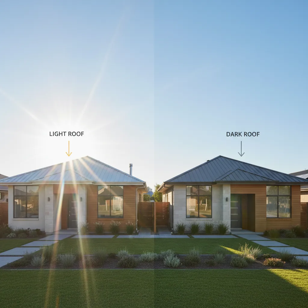Comparison of light and dark metal roofs showing heat reflection differences