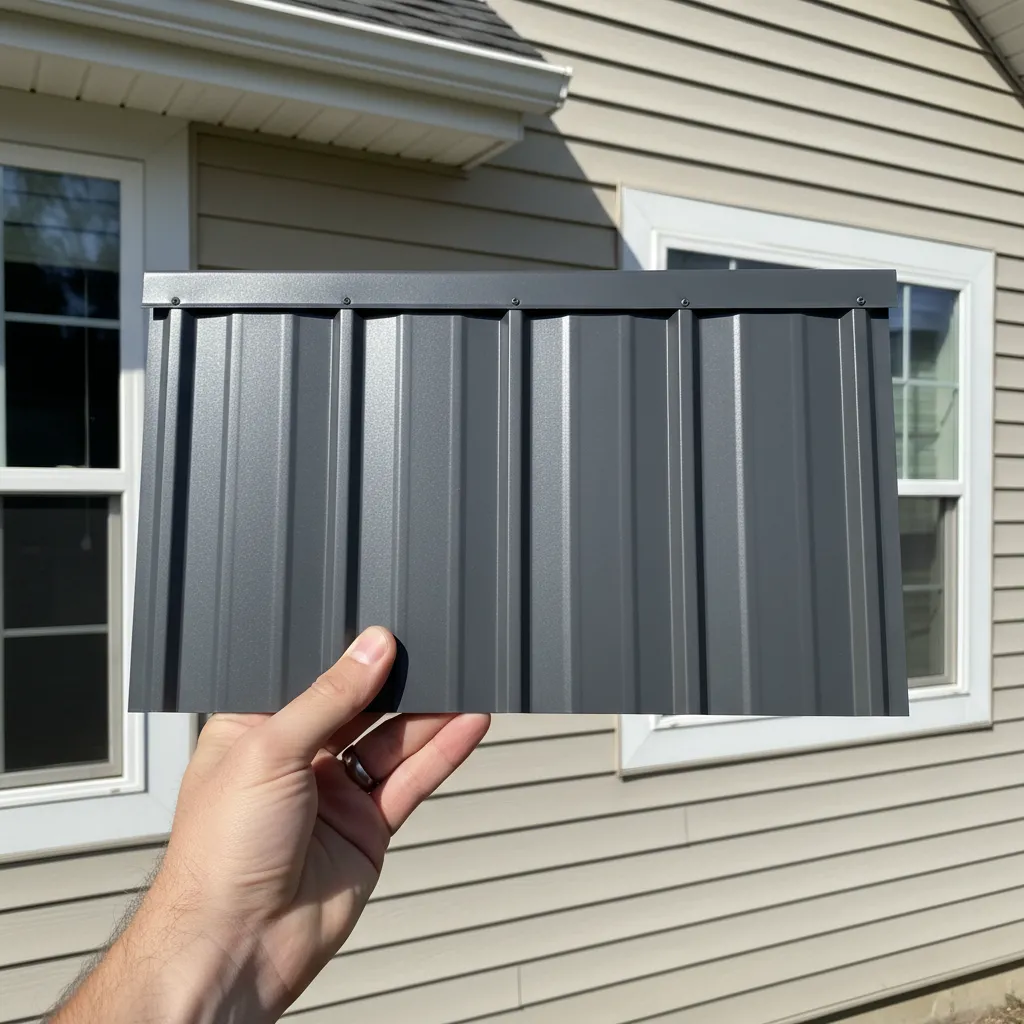 Metal roofing sample viewed under outdoor sunlight