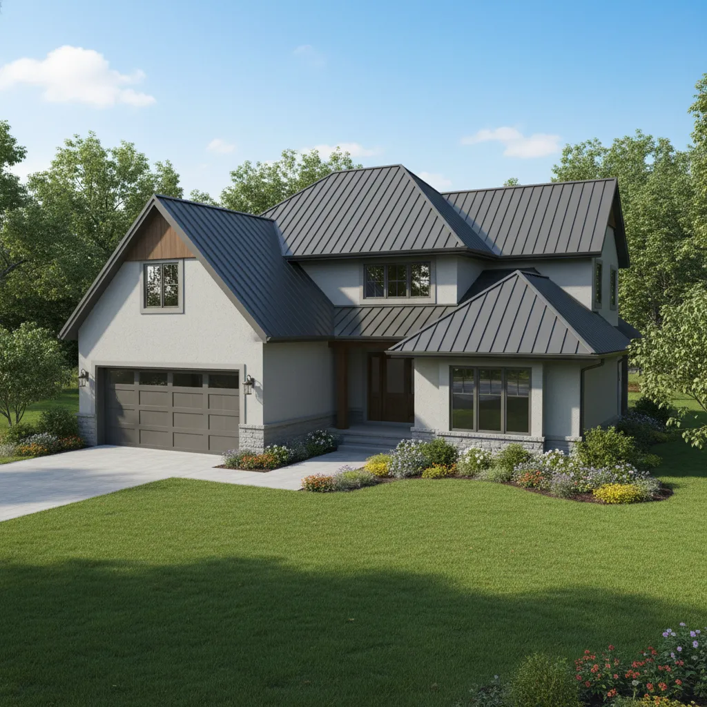 Finished residential metal roof installed over existing shingles