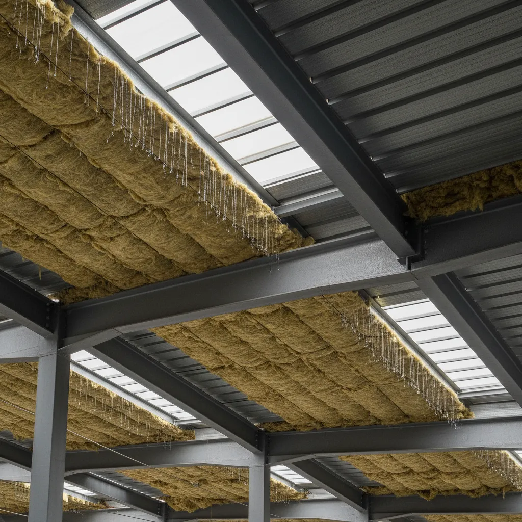condensation forming under a metal roof panel above insulation