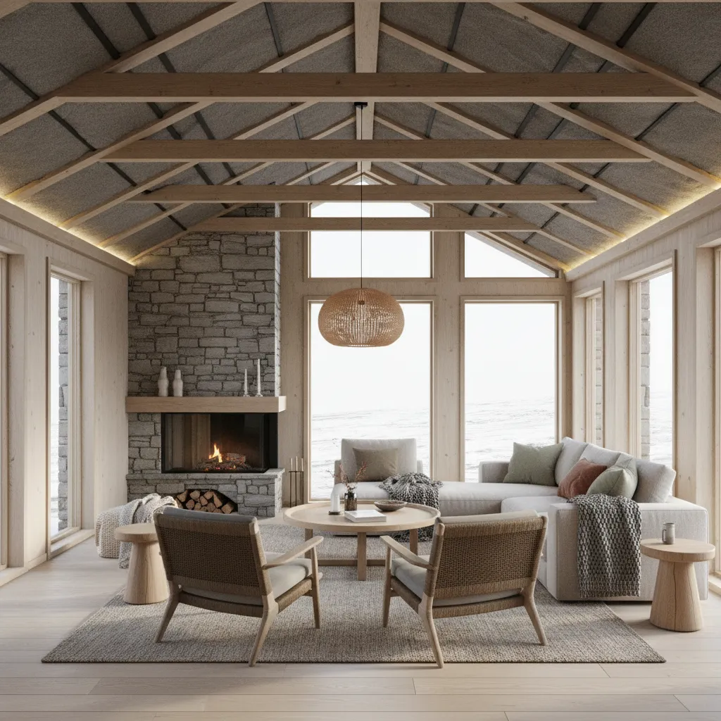 warm interior of a small cottage with metal roof and insulated ceiling