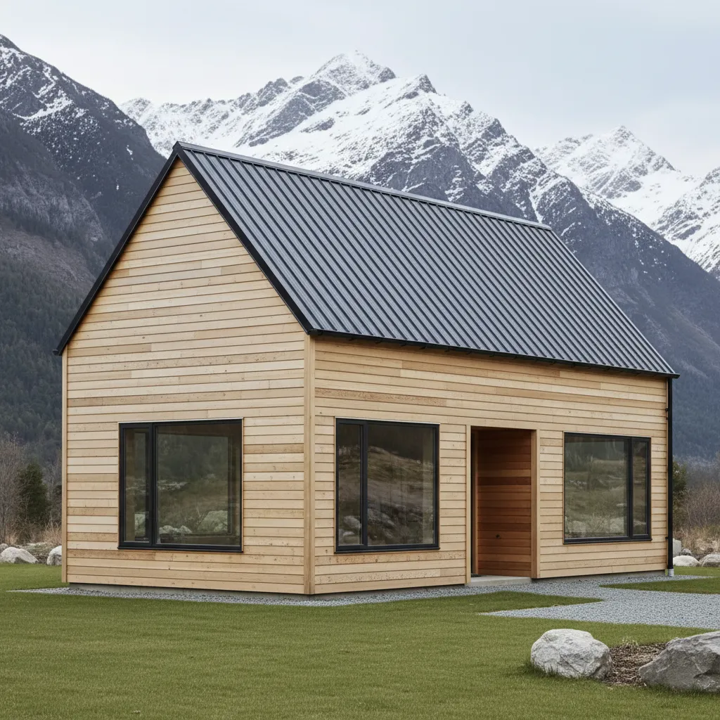 simple gable roof cottage with standing seam metal roofing