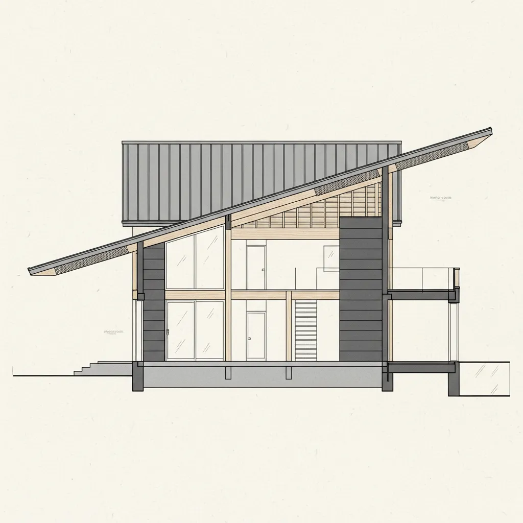 Interior design drawing showing the room layout of a house with slanted roof and stairs
