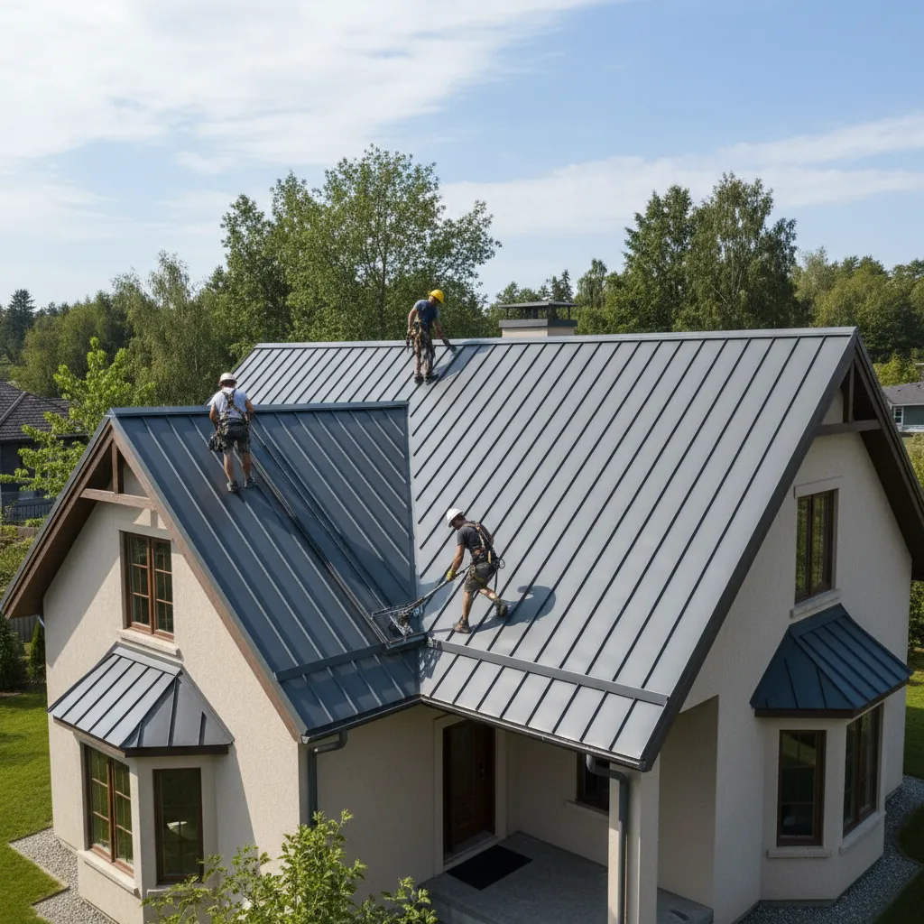 metal roof panels installed across a residential roof slope
