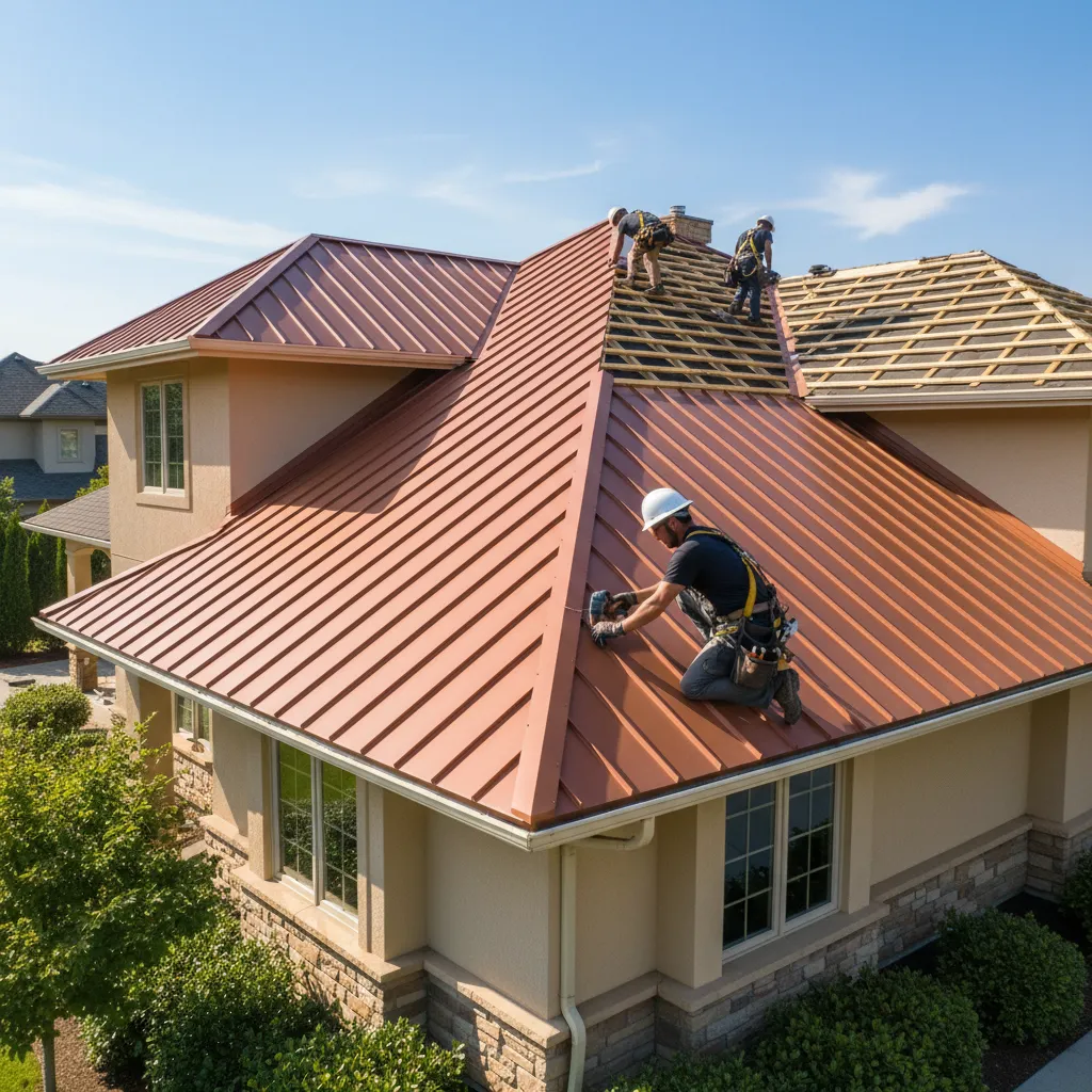 contractor installing clay colored metal roof panels