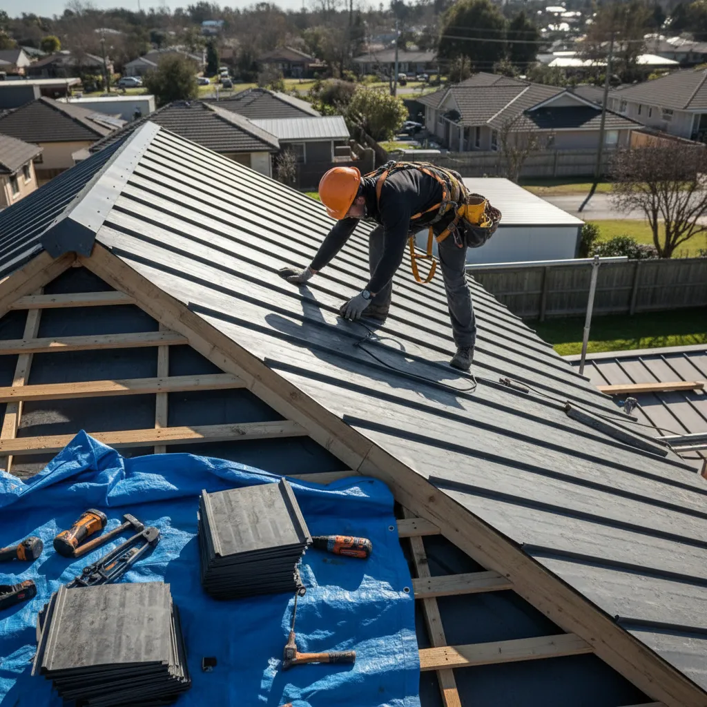 Contractor installing interlock metal roofing panels on a sloped roof