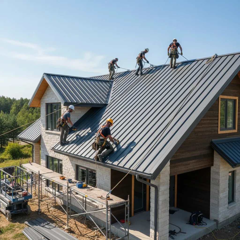 roofing contractors installing metal roof panels on residential house