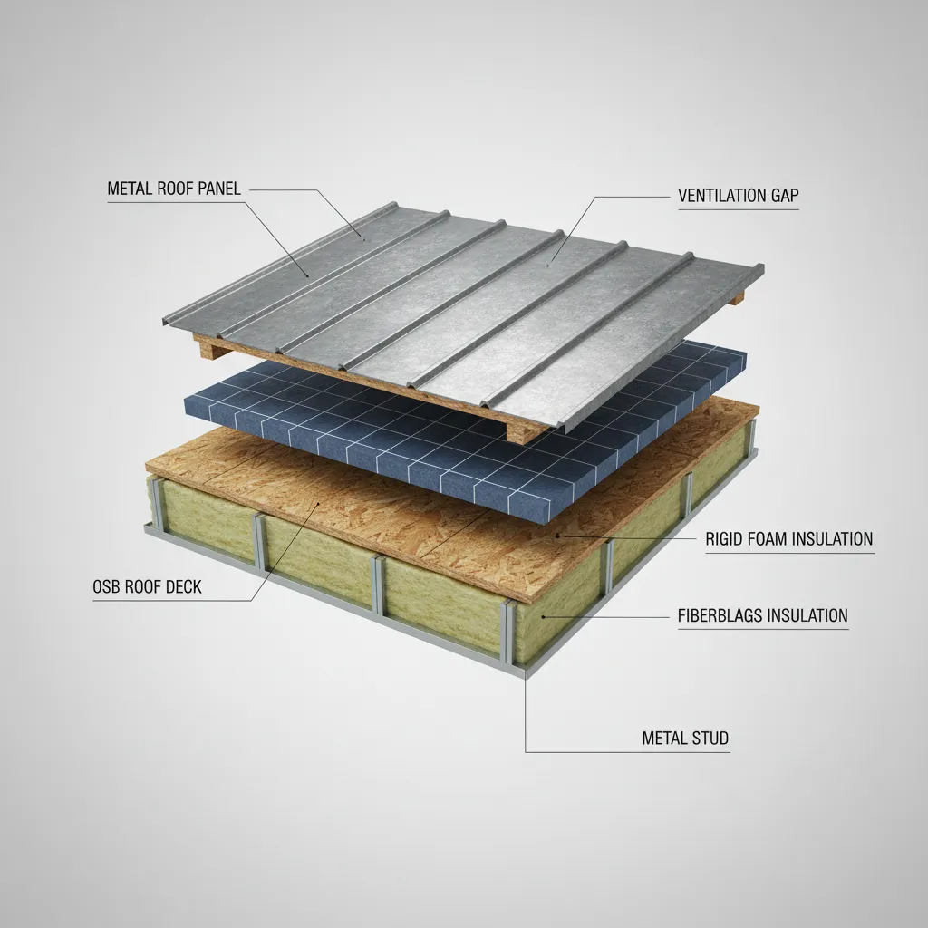 metal roof insulation layers including rigid foam ventilation gap and ceiling insulation