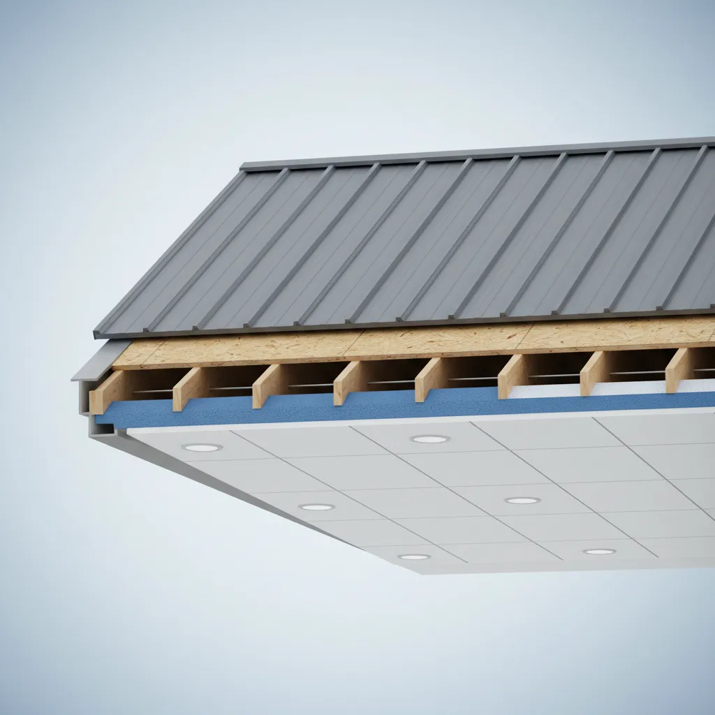 Cutaway view of insulated metal roof layers showing panels insulation and interior ceiling