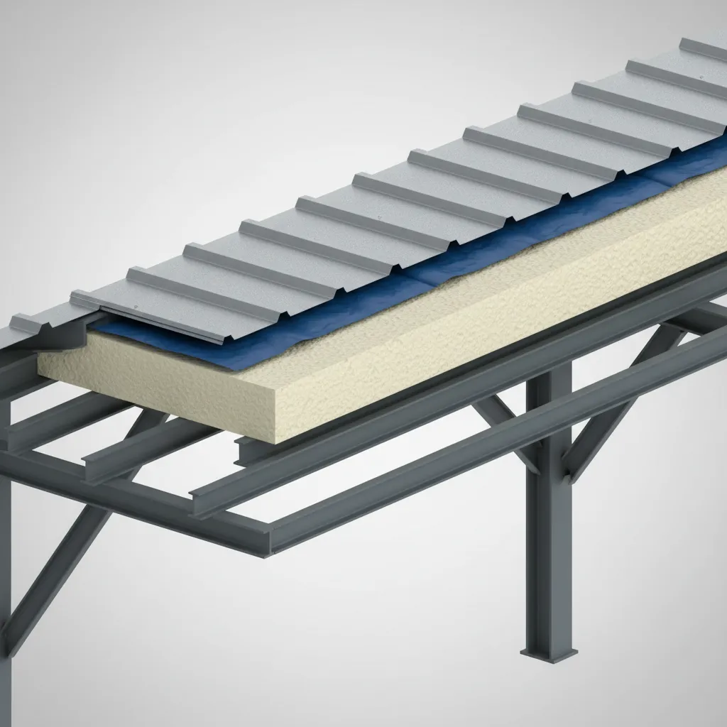 cutaway view showing metal roof insulation layers including vapor barrier and rigid foam