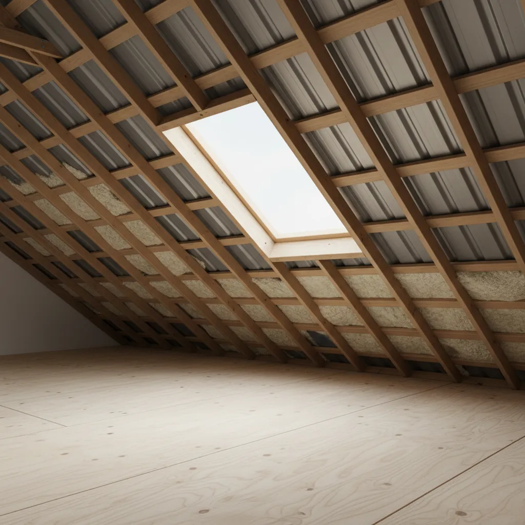 Interior view of metal roof structure showing insulation placement between rafters