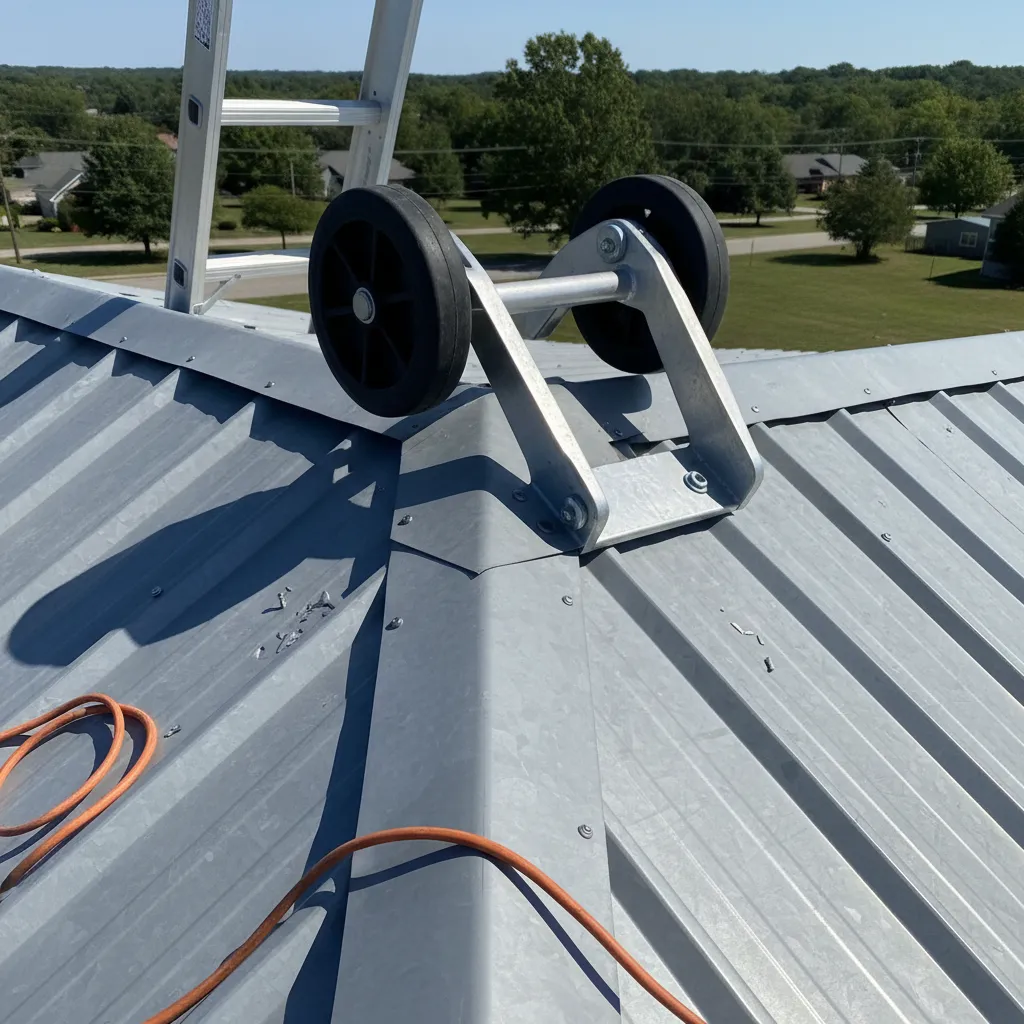 ladder hooks attached to ridge of metal roof for stability