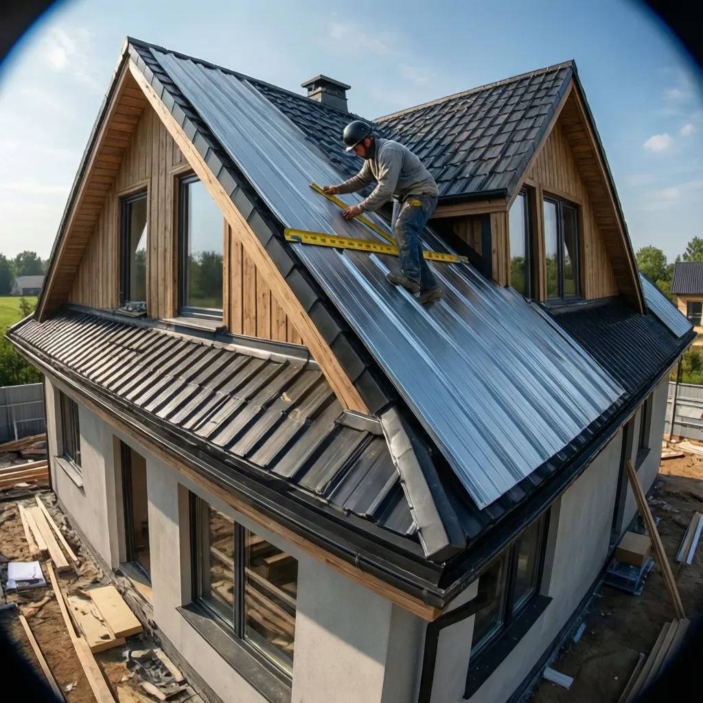 Metal roof panels laid out on a sloped roof during measurement planning