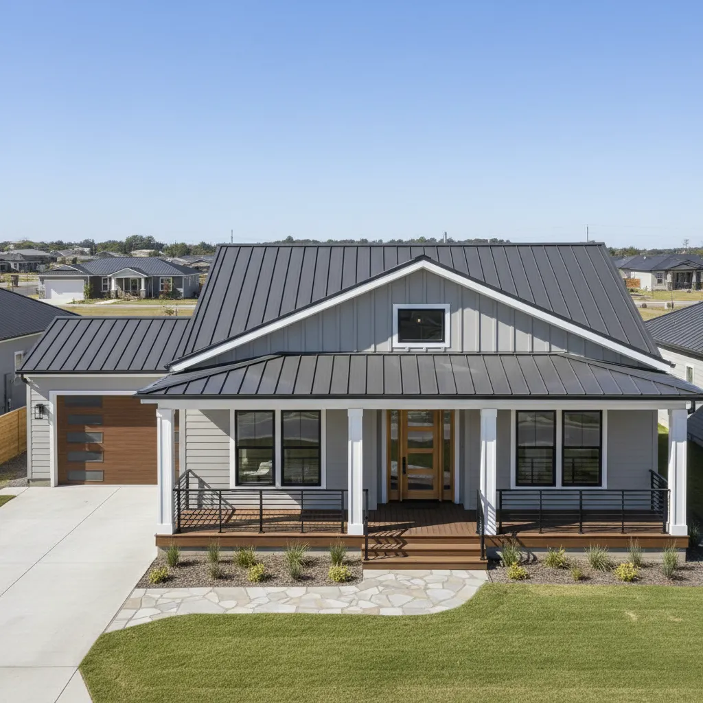 Modern mobile home with standing seam metal roof