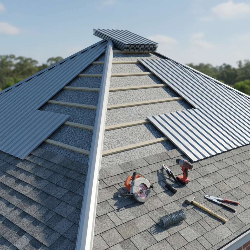 Metal roof panels being installed over shingles with visible underlayment layer