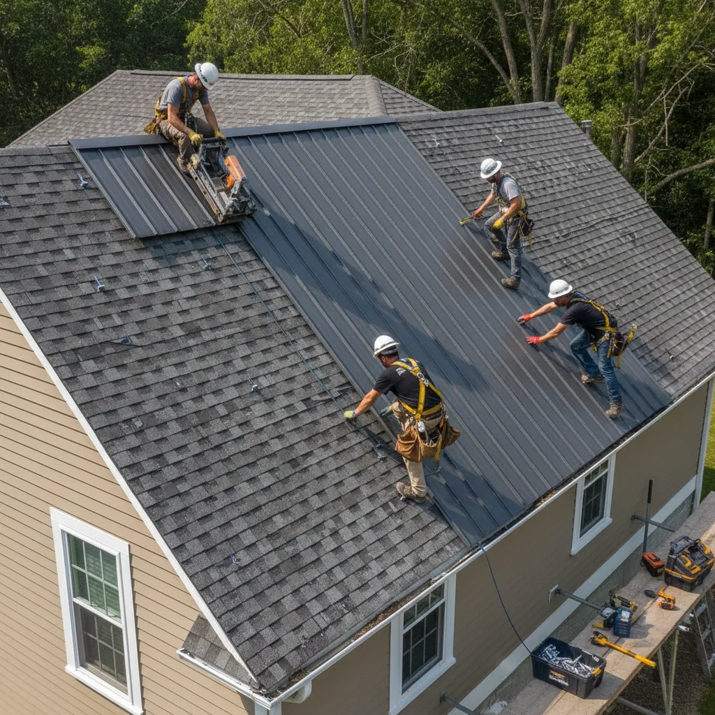 contractor installing metal roofing panels over existing asphalt shingles