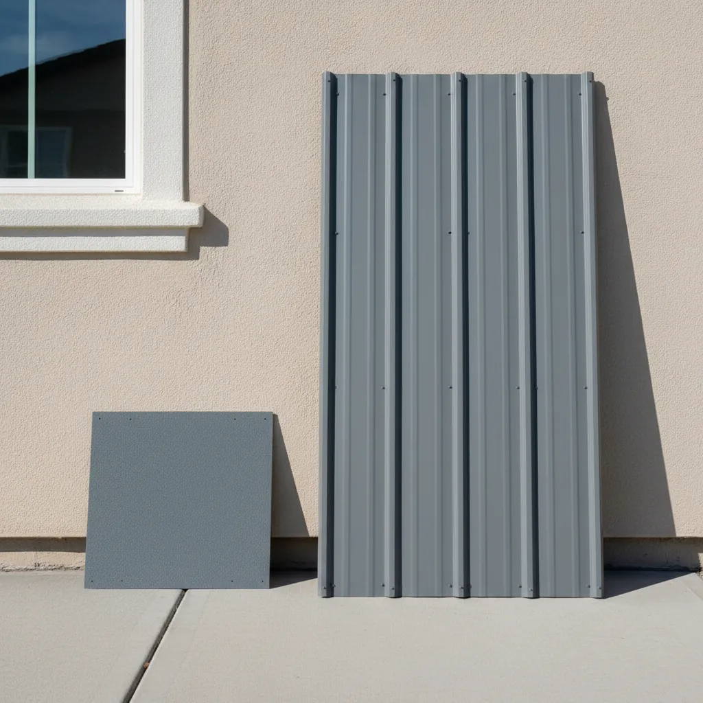 Small metal roofing sample next to full size roof panel