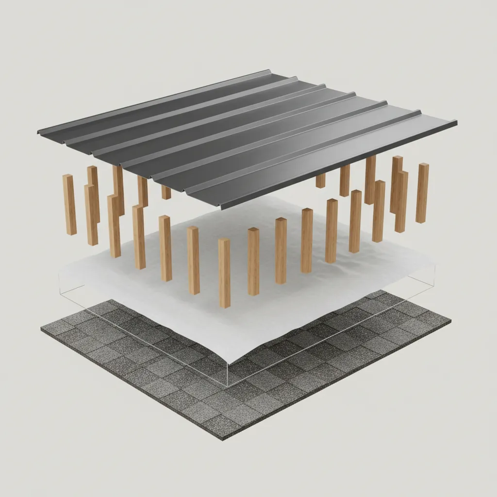 Layered installation sequence of metal roof retrofit with shingles underlayment battens and panels