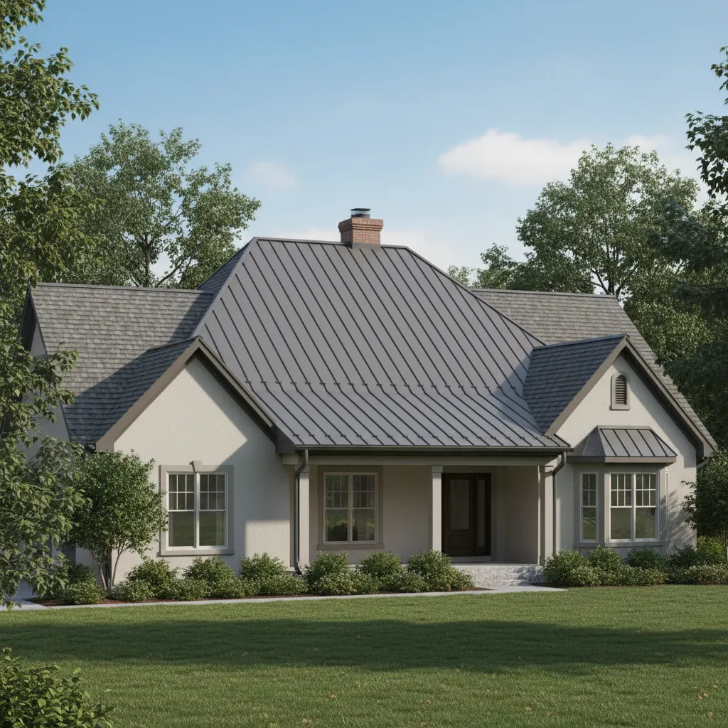 Metal roofing panels installed over existing asphalt shingles on residential house