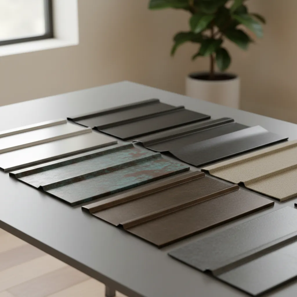 Different metal roofing samples placed together for comparison