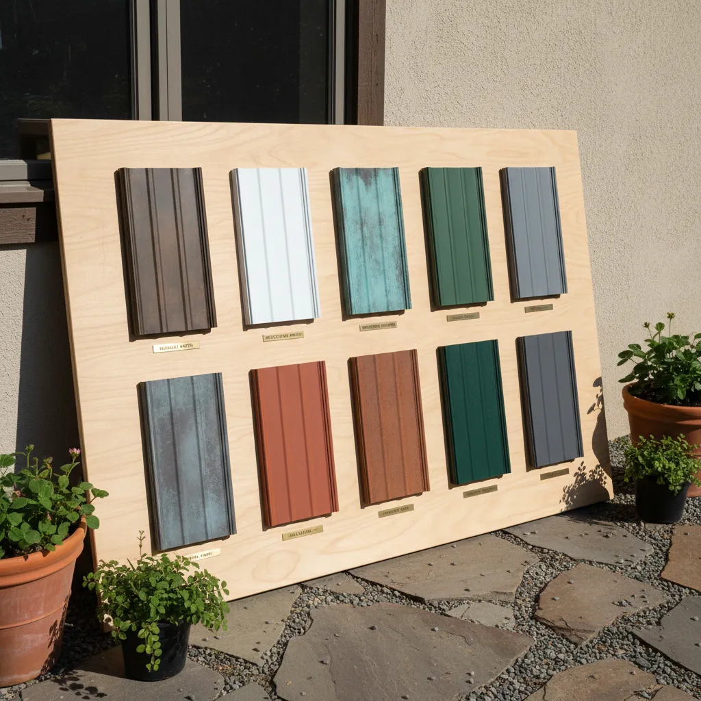 roofing sample board with several metal roof colors mounted together