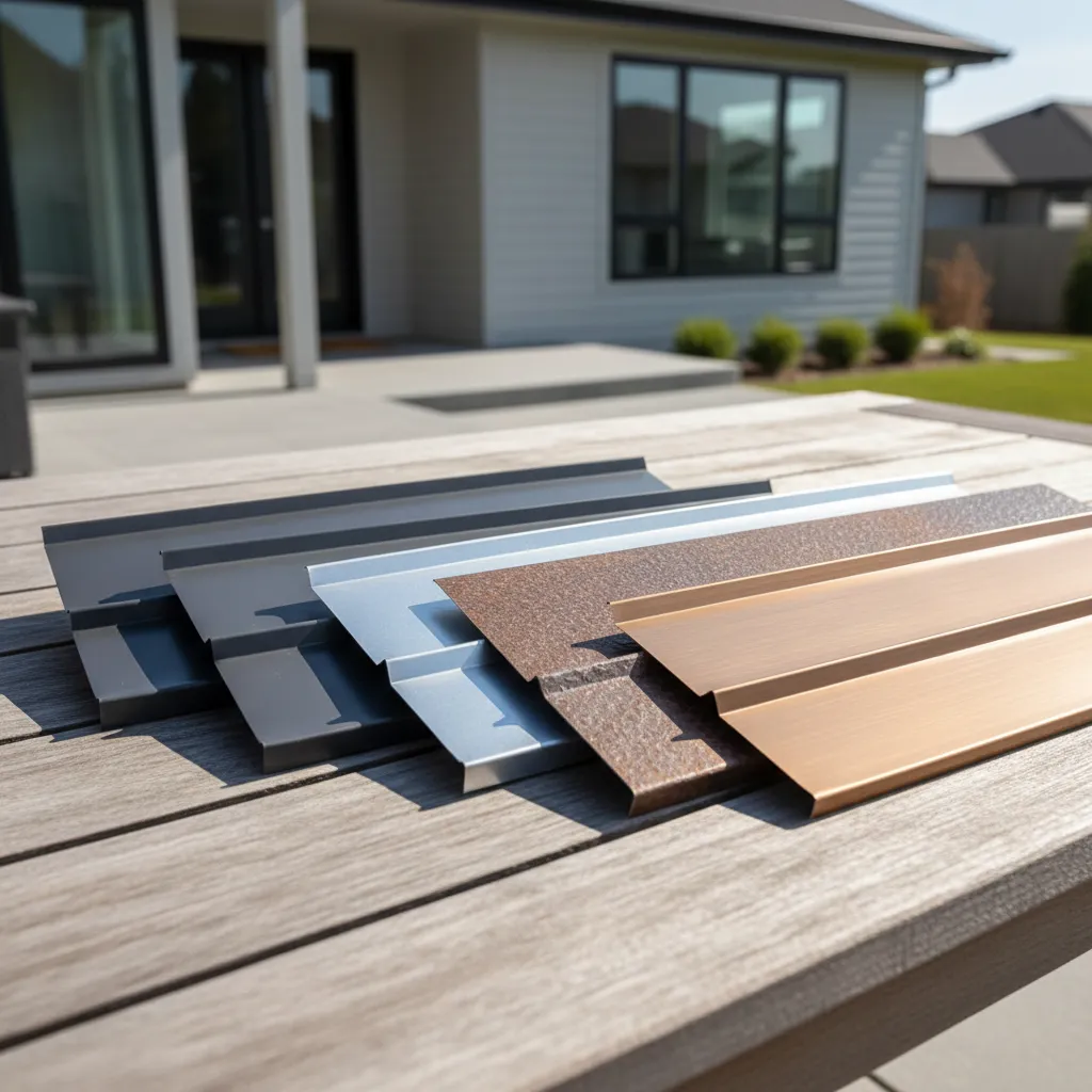 multiple metal roofing color samples placed on outdoor table in sunlight