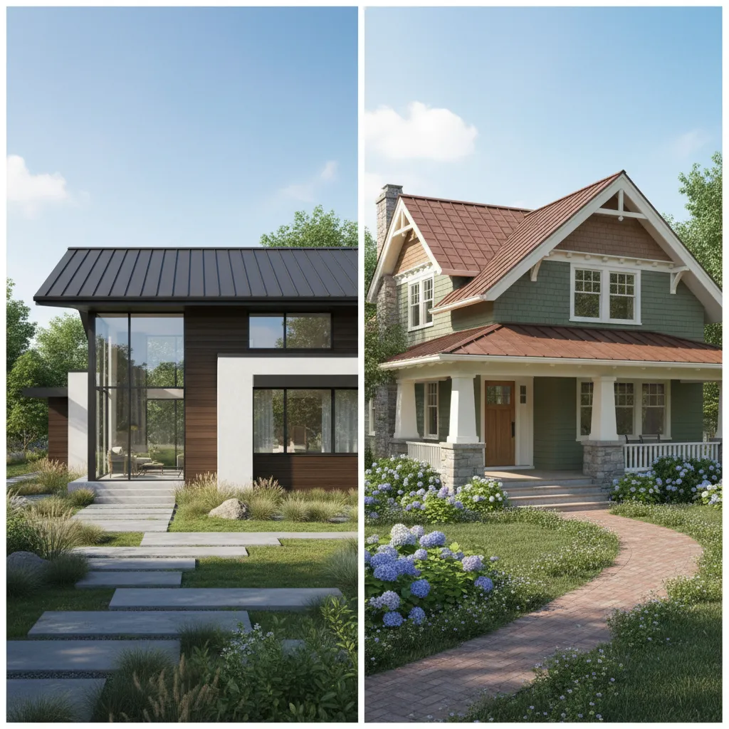 Comparison of standing seam metal roof and metal shingle roof on different home styles