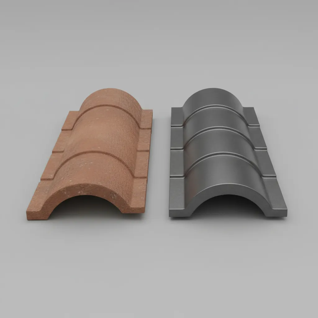 Close comparison of clay tile and stamped metal tile roofing profiles