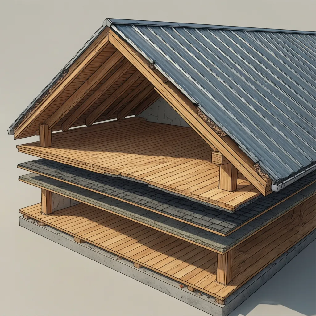 roof cross section showing shingles underlayment and metal roofing layers