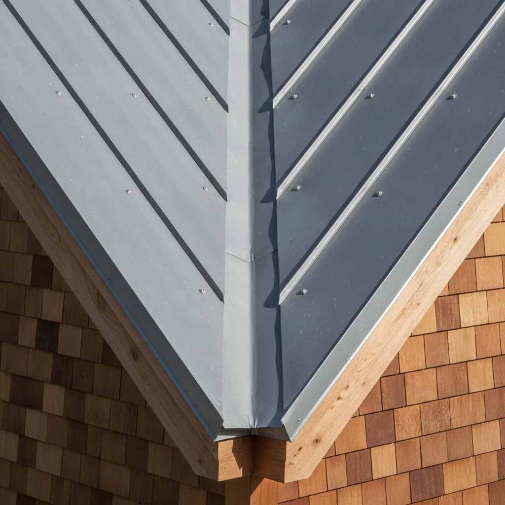 metal roof valley showing angled panel cuts during installation