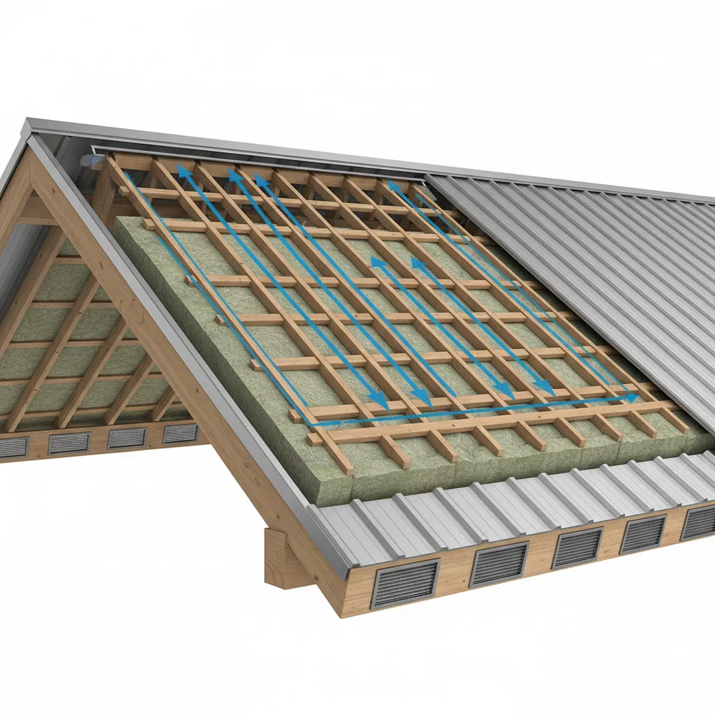 roof ventilation airflow path from soffit vents to ridge vent under metal roofing