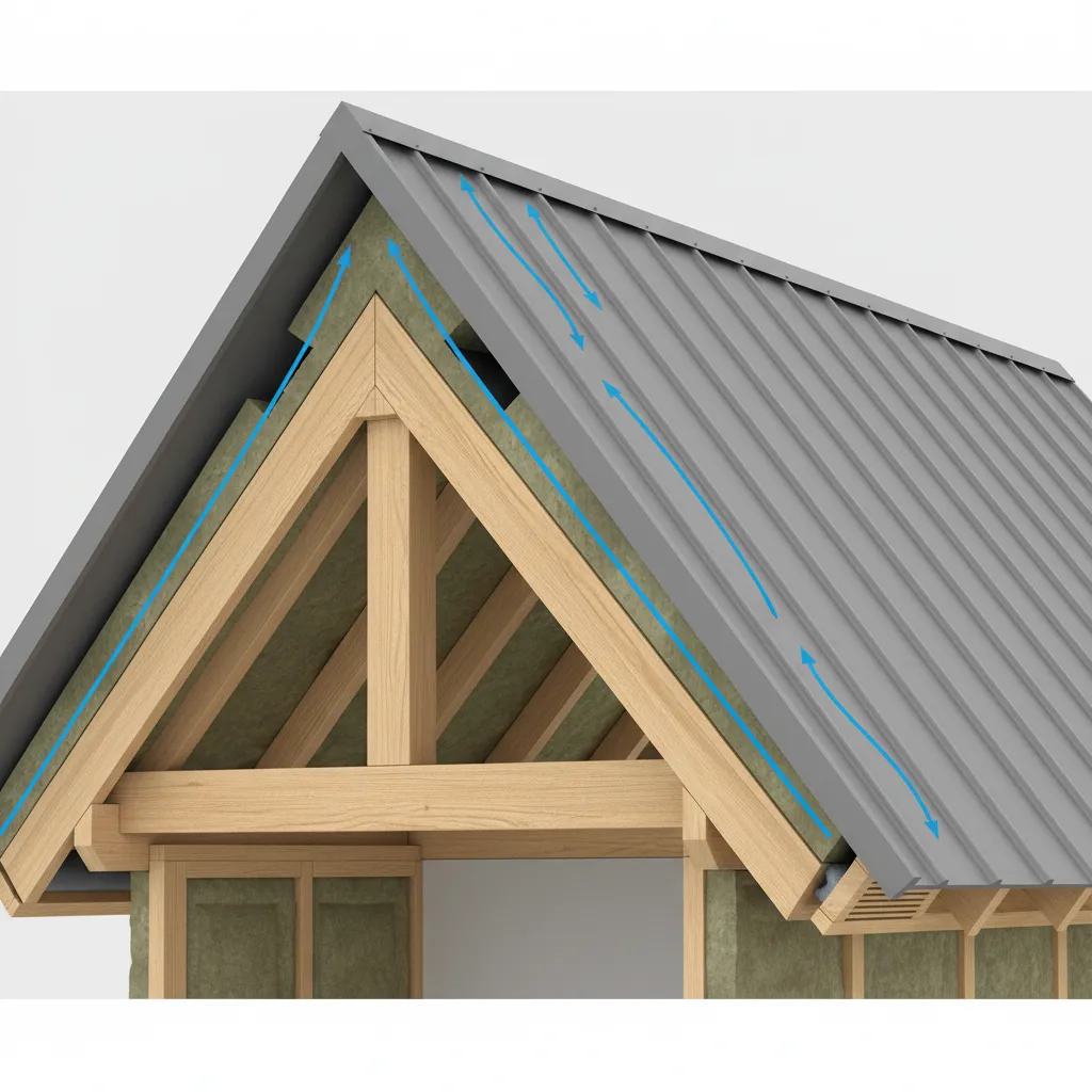 ventilated metal roof structure with ridge vent and insulation in small cottage
