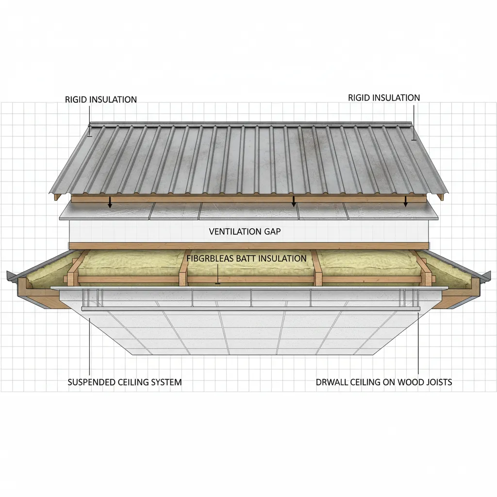 Interior design drawing showing metal roof layers with insulation ventilation gap and ceiling system detail