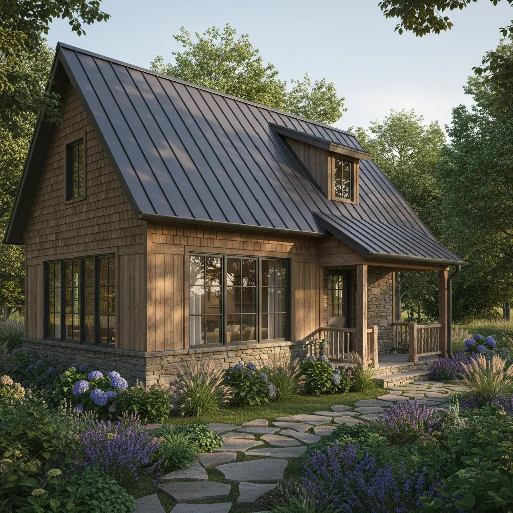 Wooden house with dark metal roof stone base large windows and a stone garden path