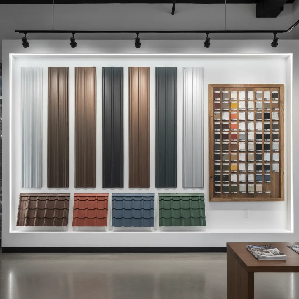 Roofing sample board showing multiple metal panel styles and colors