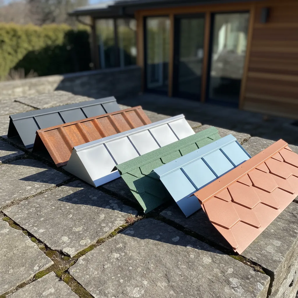 Multiple metal roofing samples laid outdoors in natural sunlight for color comparison