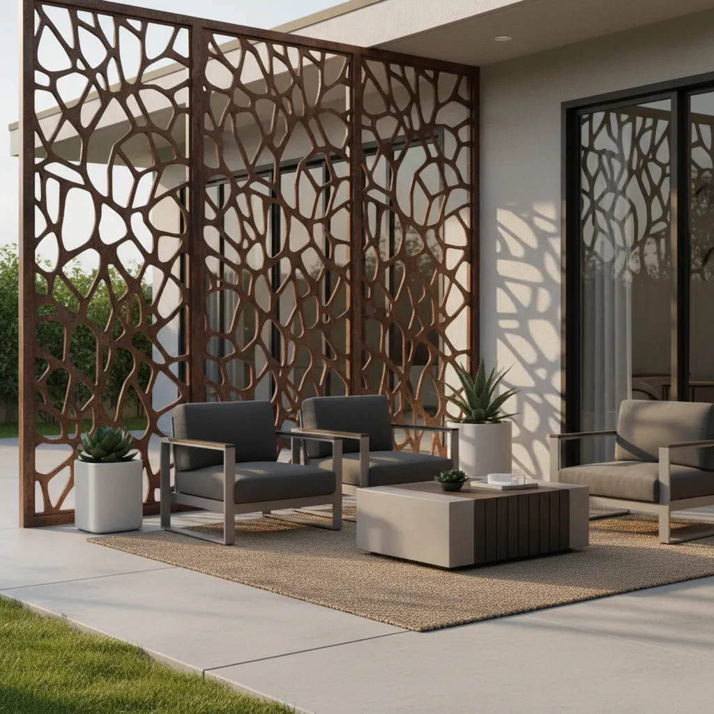 decorative metal outdoor screen dividing a small patio