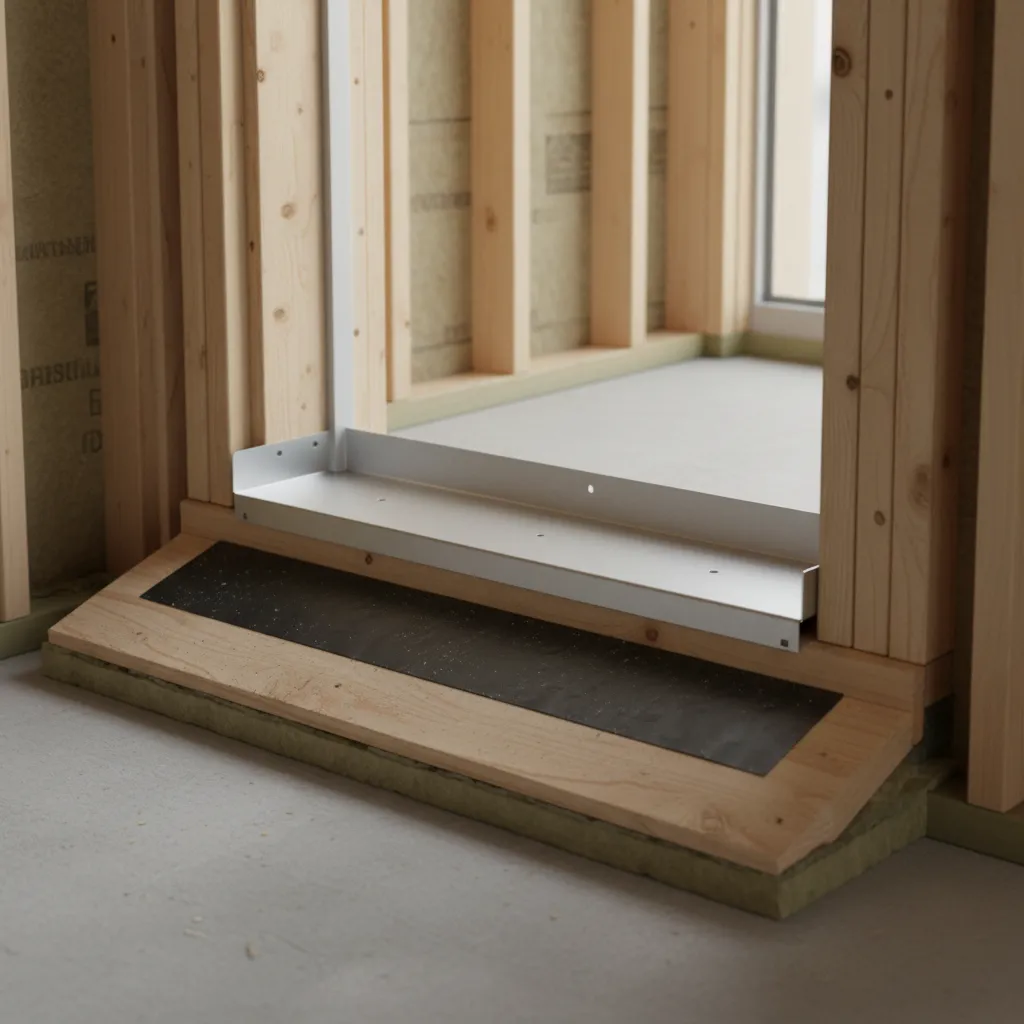 Metal sill pan installed under exterior door threshold for drainage