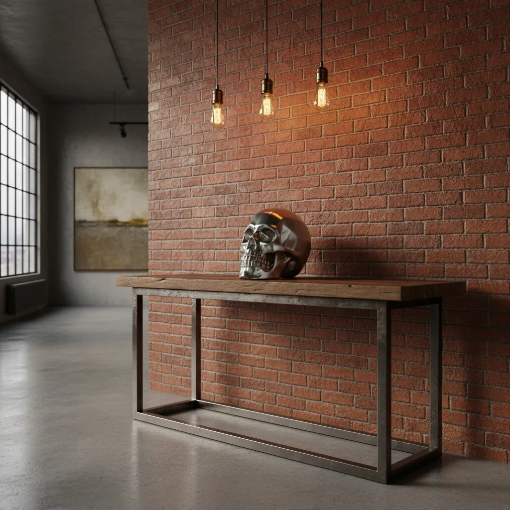 brushed metal skull sculpture in industrial loft interior